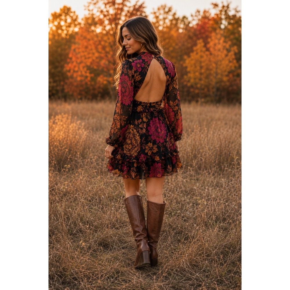 Anthropologie Whimsy Floral Ruffle Dress Fall Mini Open Back Long Sleeve Sz S